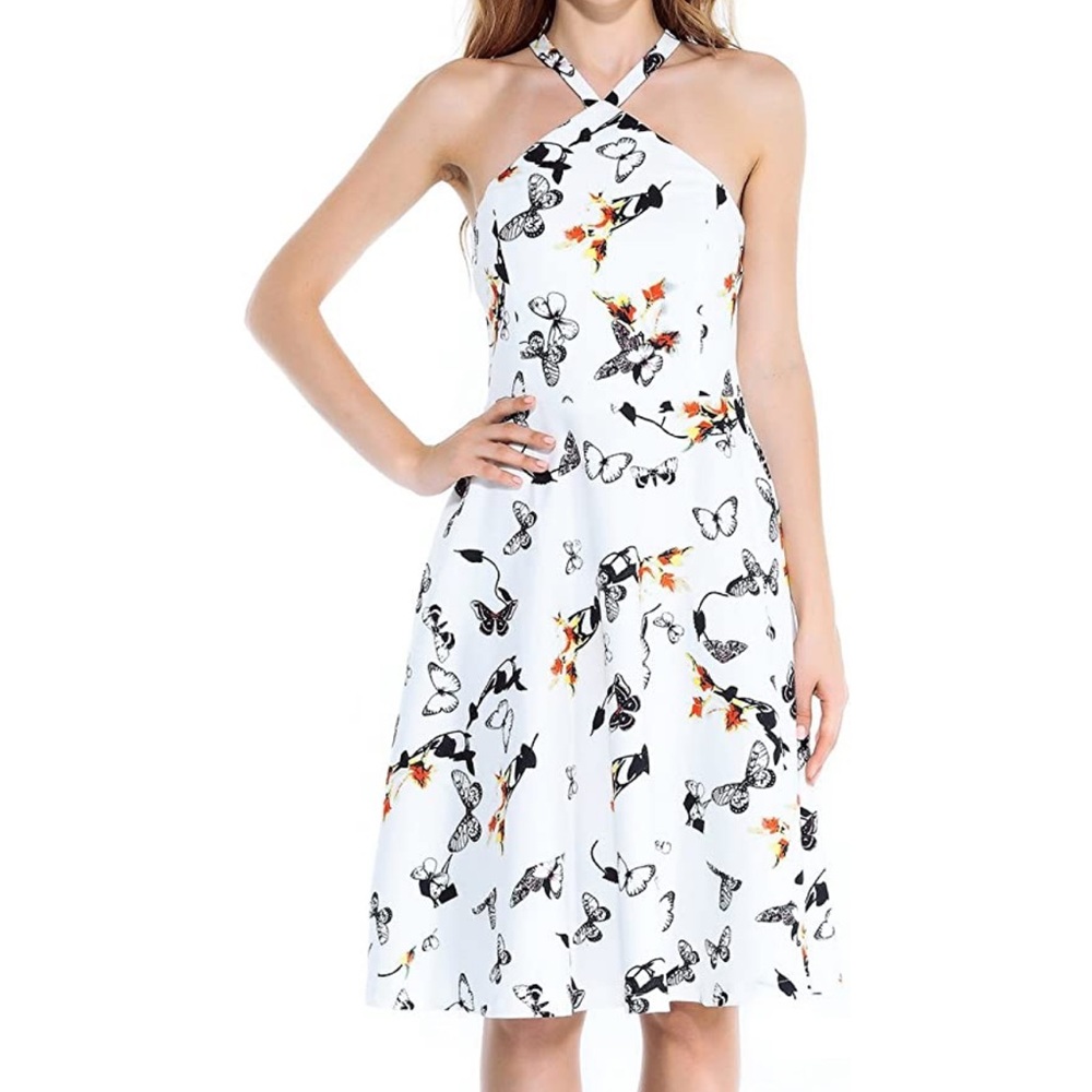 V-neck halter sleeveless with butterfly pattern cute comfy lined top, pockets